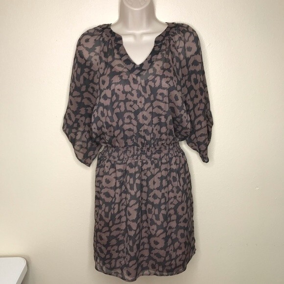 Express Leopard Print Semi Sheer Roll Tab Sleeve Gray Brown Dress Women's Small - Picture 12 of 12